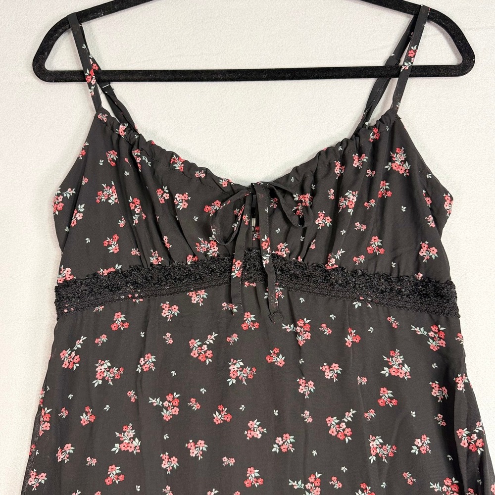 Whimsigoth Floral Babydoll Midi Dress M Black Chiffon Lace Smocked Coquette Y2K - Picture 2 of 9